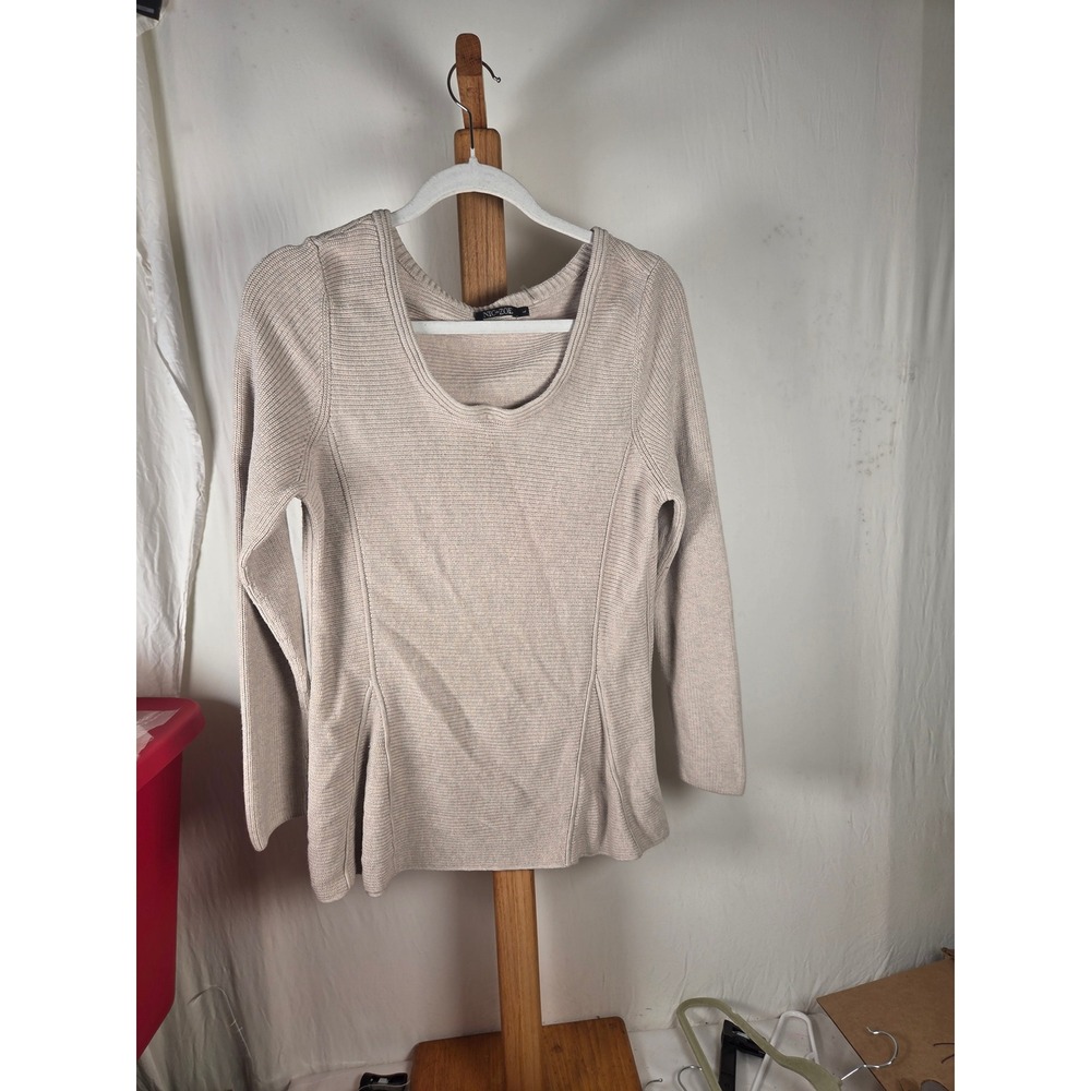 NIC+ZOE Womens Beige Ribbed Knit Scoop Neck Long Sleeve Sweater Size Large